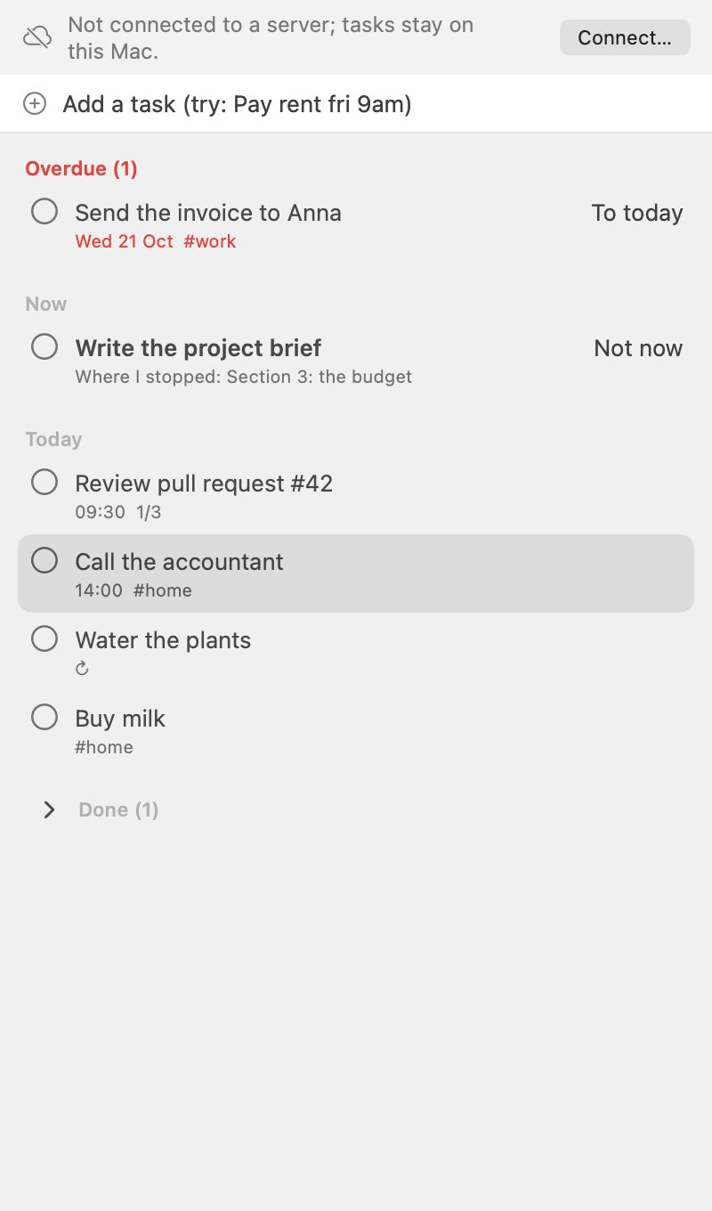 Dayhand for macOS showing Today on sample data: one overdue task, the task being worked on now with where it stopped, four tasks for today and quick add at the top